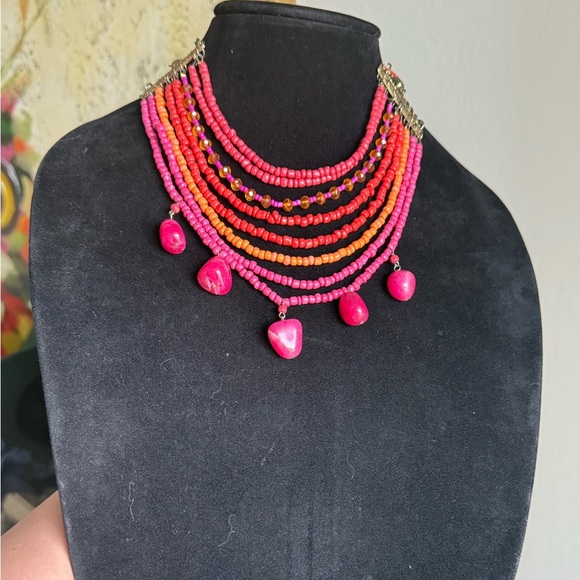 Multi strand Beaded Glass Acrylic Statement Necklace Boho Pre Owned - Picture 4 of 8